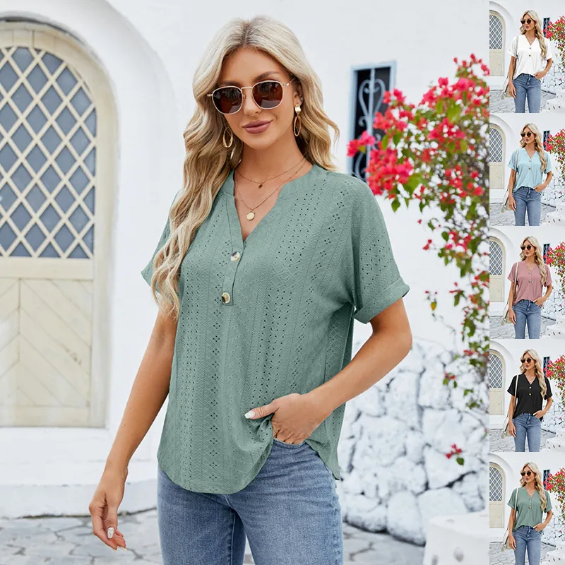 V-neck Rolled Hem Short-sleeved Top Summer Fashion Button Hollow