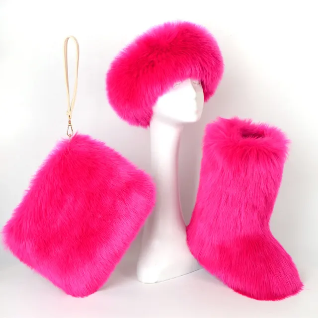 Fur Boots Velvet Padded Plus Size Imitation Fox Fur Fur Women's Snow Boots Three piece Set Rose Red - Shop at LoveMi