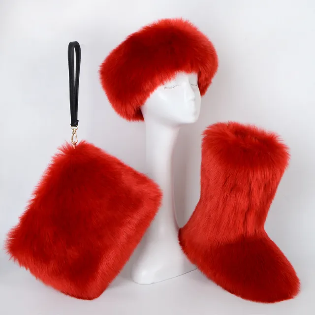 Fur Boots Velvet Padded Plus Size Imitation Fox Fur Fur Women's Snow Boots Three piece Set Red - Shop at LoveMi