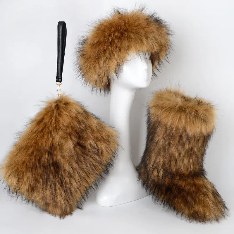 Fur Boots Velvet Padded Plus Size Imitation Fox Fur Fur Women's Snow Boots Three-piece Set - Yellowing