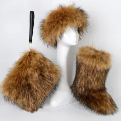 Fur Boots Velvet Padded Plus Size Imitation Fox Fur Fur Women's Snow Boots Three-piece Set - Yellowing - View 1