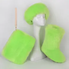 Fur Boots Velvet Padded Plus Size Imitation Fox Fur Fur Women's Snow Boots Three-piece Set - Fluorescent Green - View 1