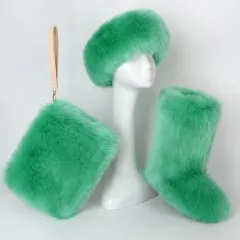 Fur Boots Velvet Padded Plus Size Imitation Fox Fur Fur Women's Snow Boots Three-piece Set - Mint Green - View 1