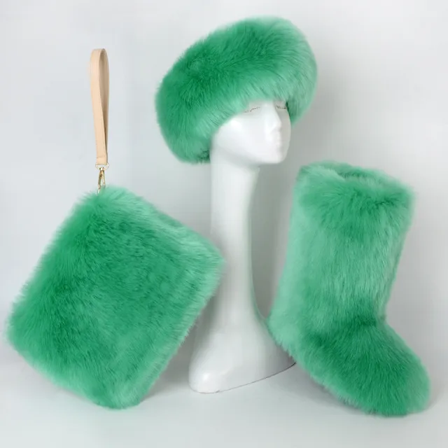 Fur Boots Velvet Padded Plus Size Imitation Fox Fur Fur Women's Snow Boots Three piece Set Mint Green - Shop at LoveMi