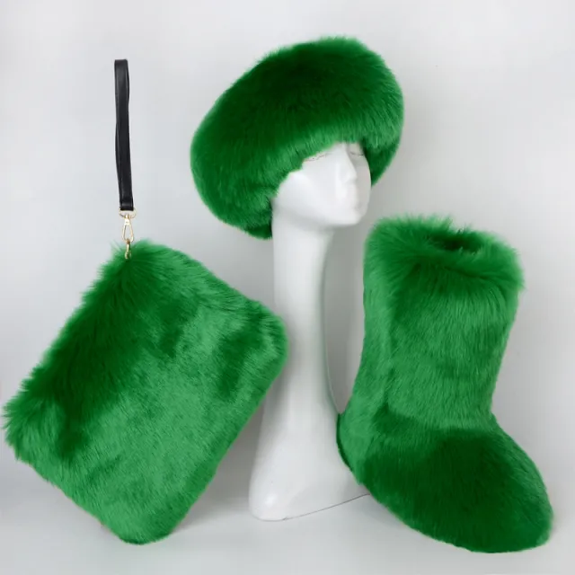 Fur Boots Velvet Padded Plus Size Imitation Fox Fur Fur Women's Snow Boots Three piece Set Grass Green - Shop at LoveMi