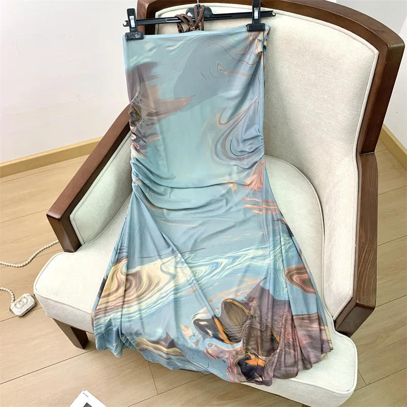 Stream Of Consciousness Oil Painting Printing Sling Skirt Vacation Style Suit Two-piece Set Niche - Skirt Regular Pattern
