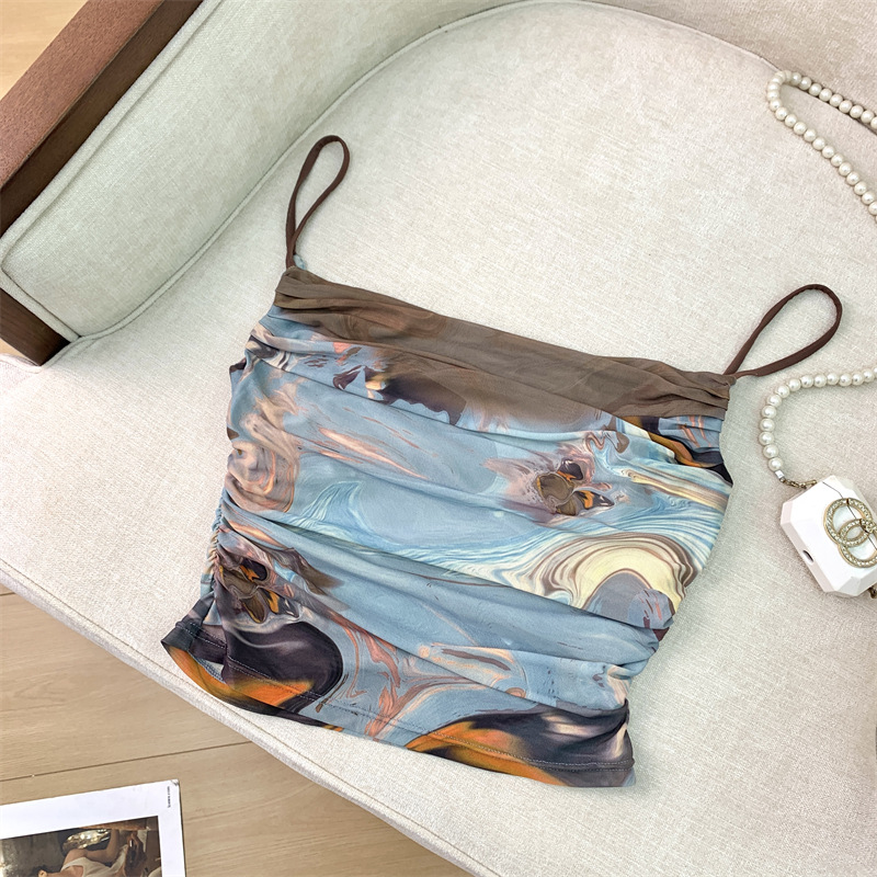 Stream Of Consciousness Oil Painting Printing Sling Skirt Vacation Style Suit Two piece Set Niche Sling M - Shop at LoveMi