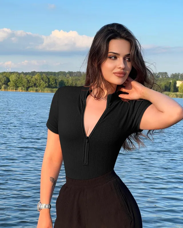 Women's Jumpsuit Rib Short Sleeve Zipper Black - Shop at LoveMi