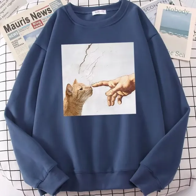 Printed Long Sleeves Cat Touch Cat Sweatshirt Blue - Shop at LoveMi