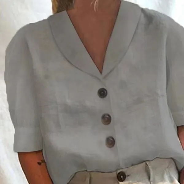 V neck Shirt Casual Button Short sleeved Blouse Solid Color Top Womens Clothing Gray - Shop at LoveMi