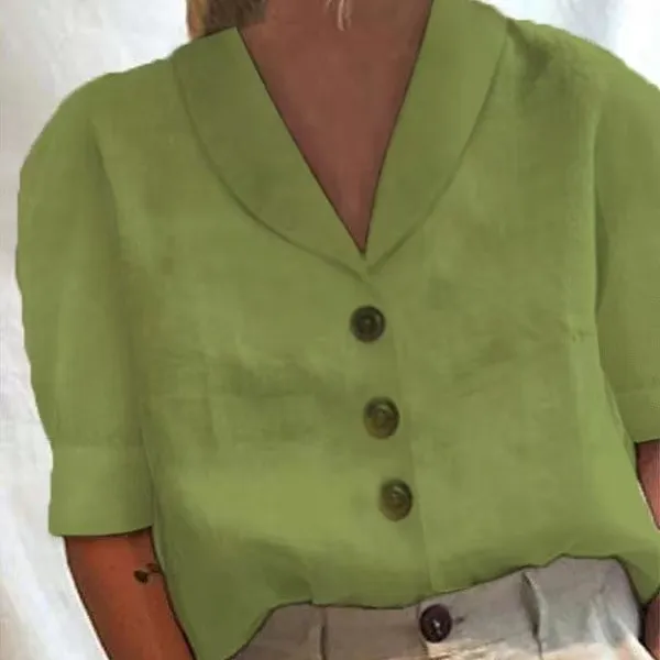 V-neck Shirt Casual Button Short-sleeved Blouse Solid Color Top Womens Clothing - Green