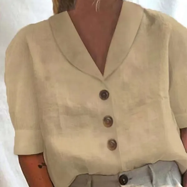 V neck Shirt Casual Button Short sleeved Blouse Solid Color Top Womens Clothing Dark Khaki Cloth - Shop at LoveMi