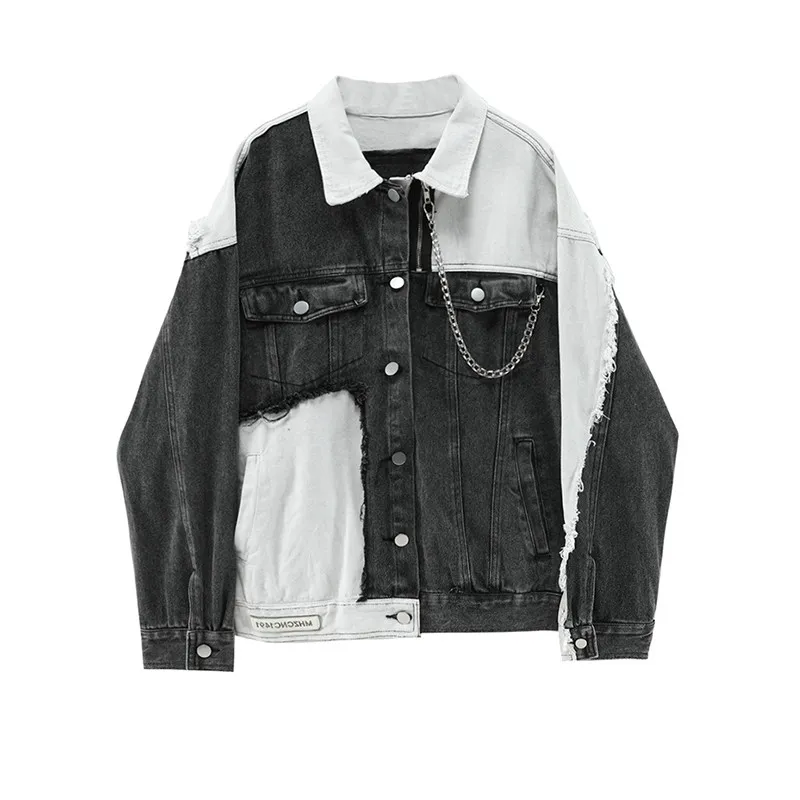 Women's Long-sleeved Stitching Chain Contrast Color Denim Coat - Black