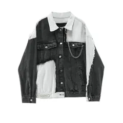 Women's Long-sleeved Stitching Chain Contrast Color Denim Coat - Black - View 1