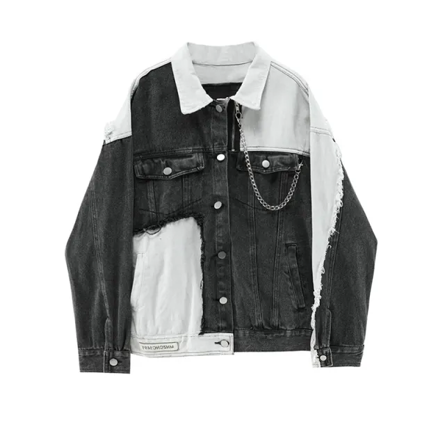 Women's Long sleeved Stitching Chain Contrast Color Denim Coat Black - Shop at LoveMi
