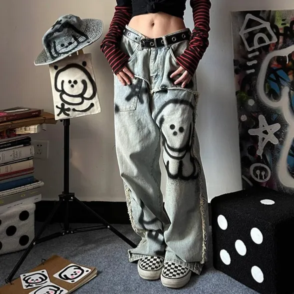 Women's Retro Y2g Graffiti Loose Jeans Light Blue - Shop at LoveMi