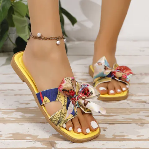 Ribbon Bow Sandals Summer New Square Toe Low Heel