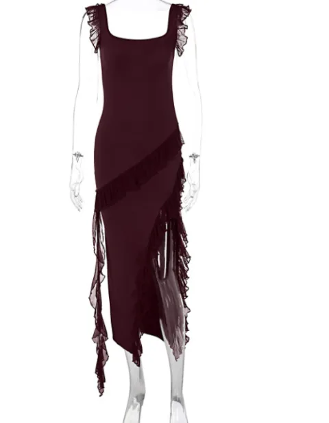 Ruffle Thigh High Split Dress Women Sexy Spaghetti Strap