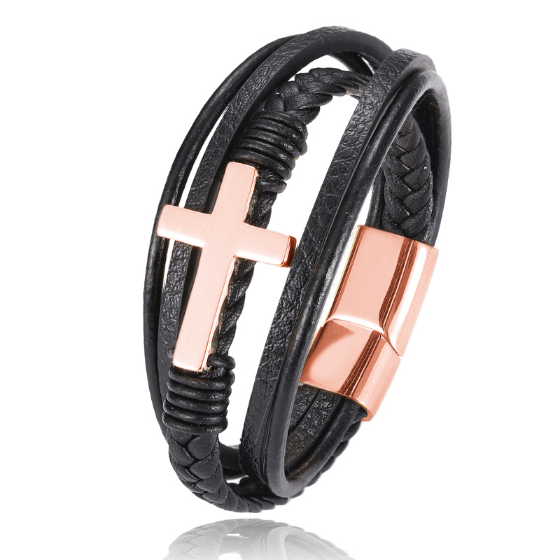 Multi-Layer Braided Stainless Steel Cross Bracelet - Image 1 of 9