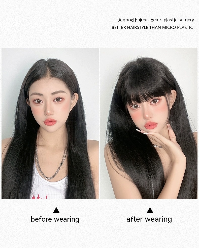 Natural Forehead Artificial Hair Straight Bangs Wig Set Seamless Invisible Wig Set