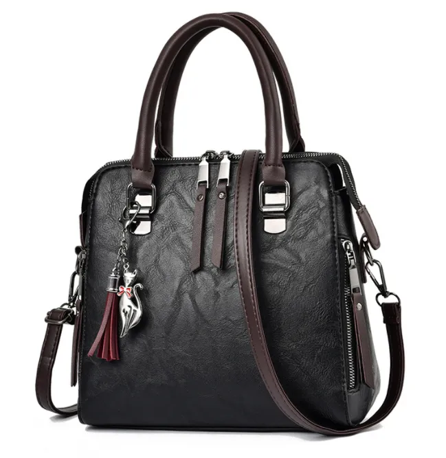Vintage Handbag Women PU Leather Tassel Top-handle Bag Fashion Lady Tote Luxury Large Capacity Shoulder Bag - Black