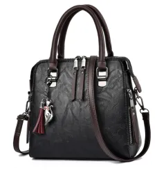Vintage Handbag Women PU Leather Tassel Top-handle Bag Fashion Lady Tote Luxury Large Capacity Shoulder Bag - Black - View 1
