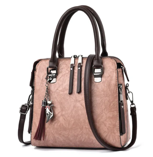 Vintage Handbag Women PU Leather Tassel Top handle Bag Fashion Lady Tote Luxury Large Capacity Shoulder Bag Pink - Shop at LoveMi