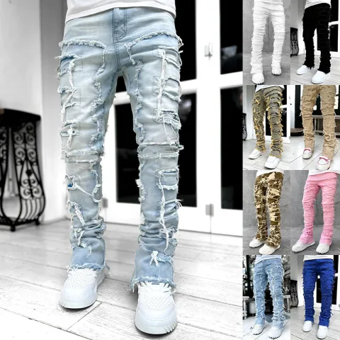 Fringes Ripped Trousers Individual Patched Pants Long Tight Fit