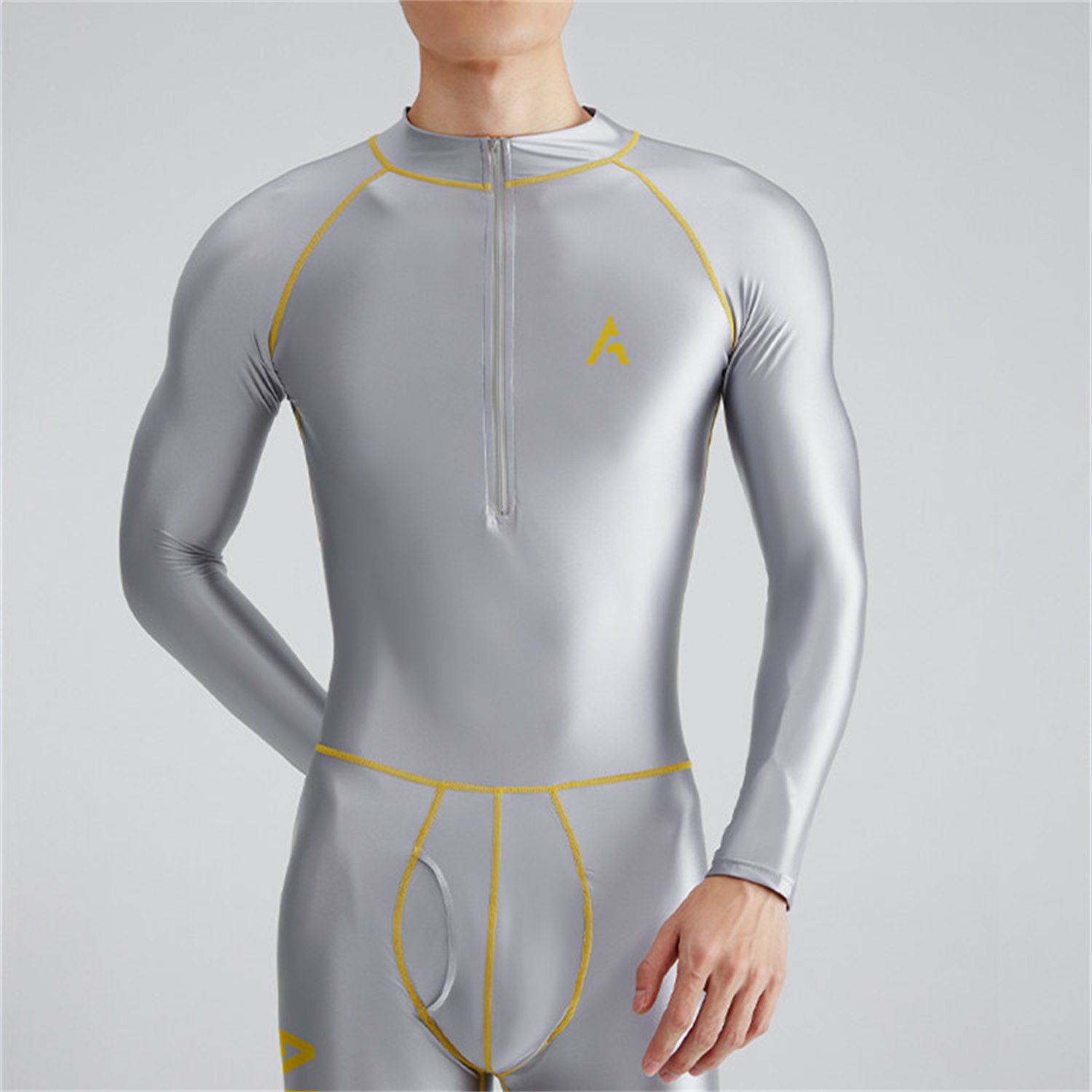 Solid Color Front Zipper Long Sleeve Nine Minute Pants Versatile Jumpsuit