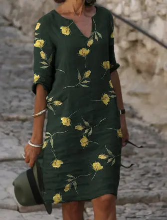 Women's Cotton And Linen Small V-neck Casual Printed Dress