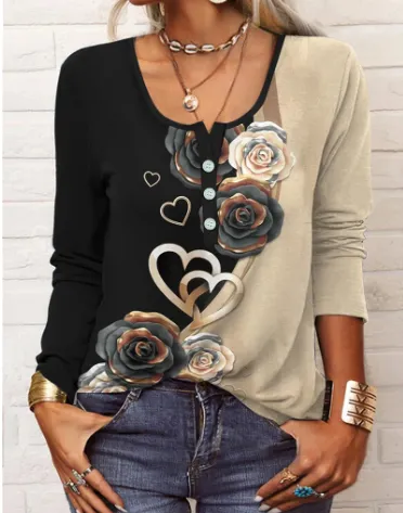Women's Casual Loose Long Sleeve Flower Mang U Neck Button T Shirt Khaki - Shop at LoveMi