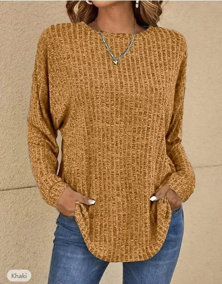 Round Neck Sunken Stripe Long Sleeve Loose T Shirt Earthy Yellow - Shop at LoveMi