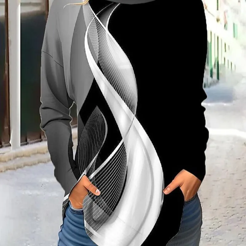 Women's Patterned Loose Fitting Long Sleeved T-shirt - Black