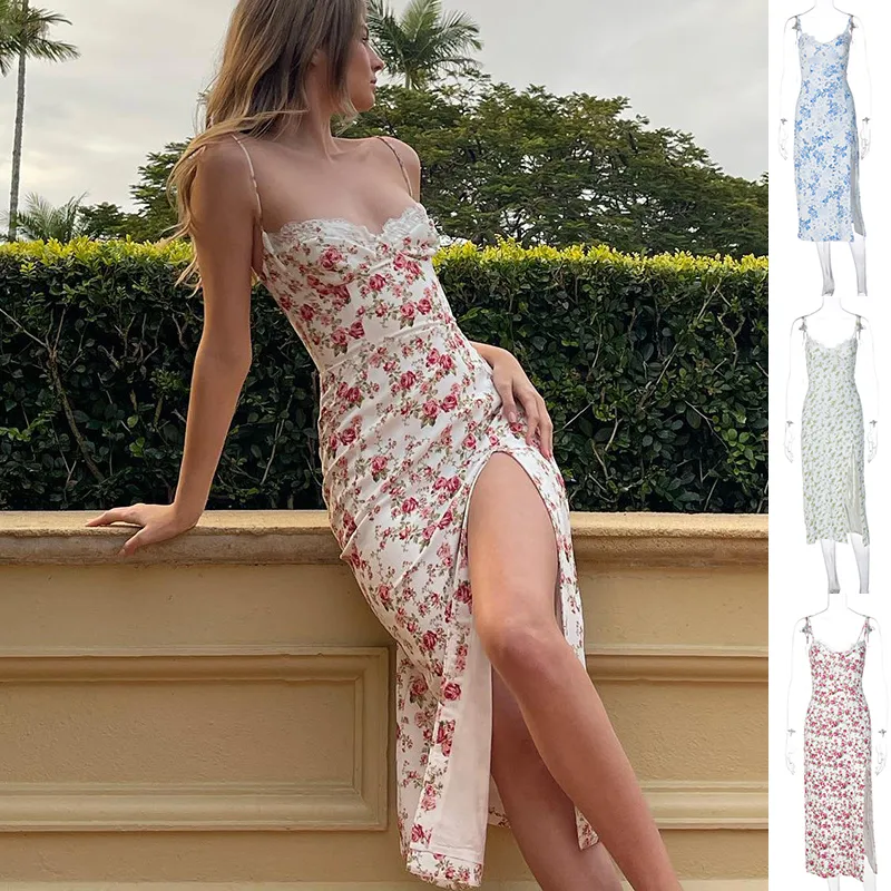 Lace Flowers Print Long Dress Sexy Fashion Slit Suspender