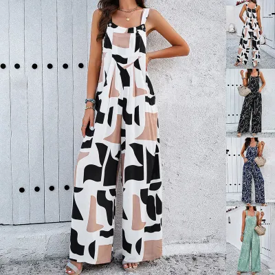 Fashion Print Square Neck Jumpsuit With Pockets Spring Summer Casual Loose Overalls Womens Clothing