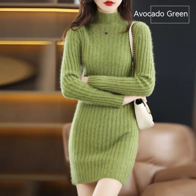 Autumn And Winter Artificial Mink Cashmere Sweater Women's Half Turtleneck Slim Fit Slimming Avocado Green - Shop at LoveMi