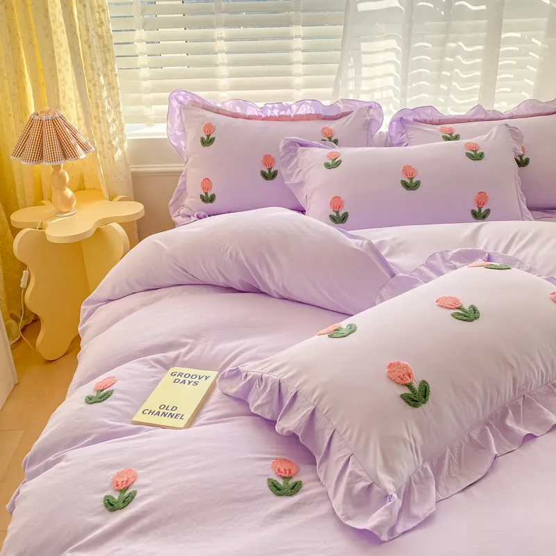 Princess Style Towel Embroidered Washed Cotton Four Piece Set - Purple