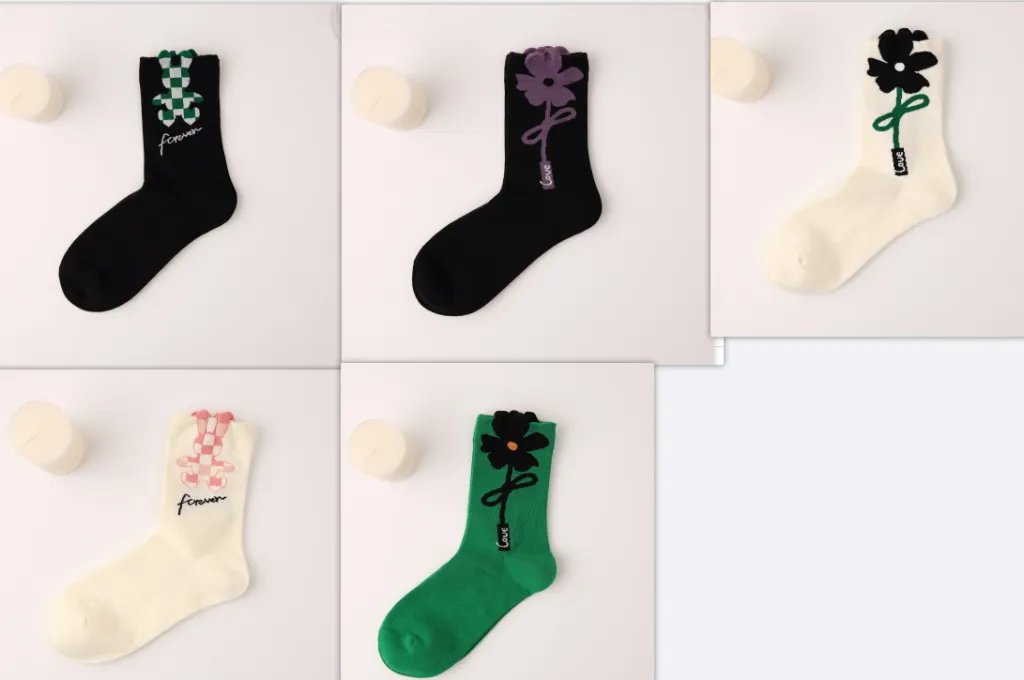 Bow three-dimensional flower cotton socks checkerboard rabbit - 5Piece Set
