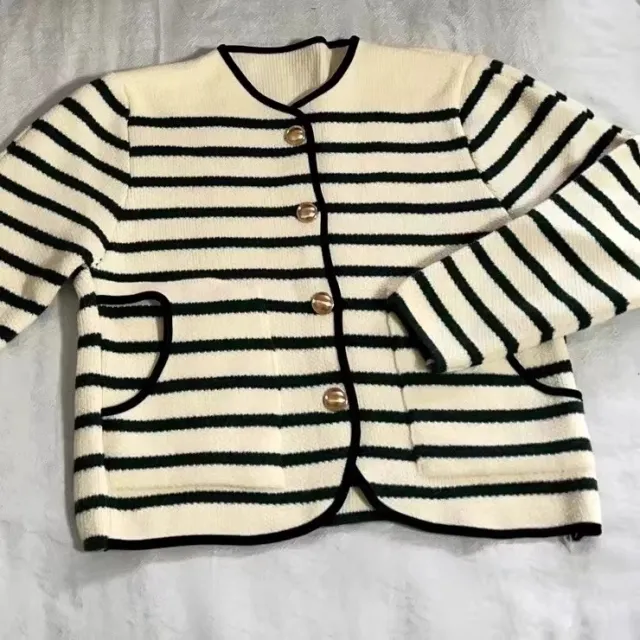 Round Neck Striped Buckle Sweater Cardigan Coat White - Shop at LoveMi