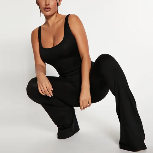 Women's Solid Color Slim Fit Backless Sleeveless Shoulder Strap Jumpsuit Black - Shop at LoveMi