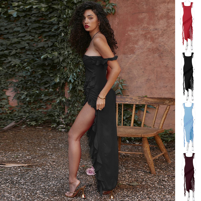 Spaghetti Strap Ruffled Skirt High-Slit Dress Steel Grey