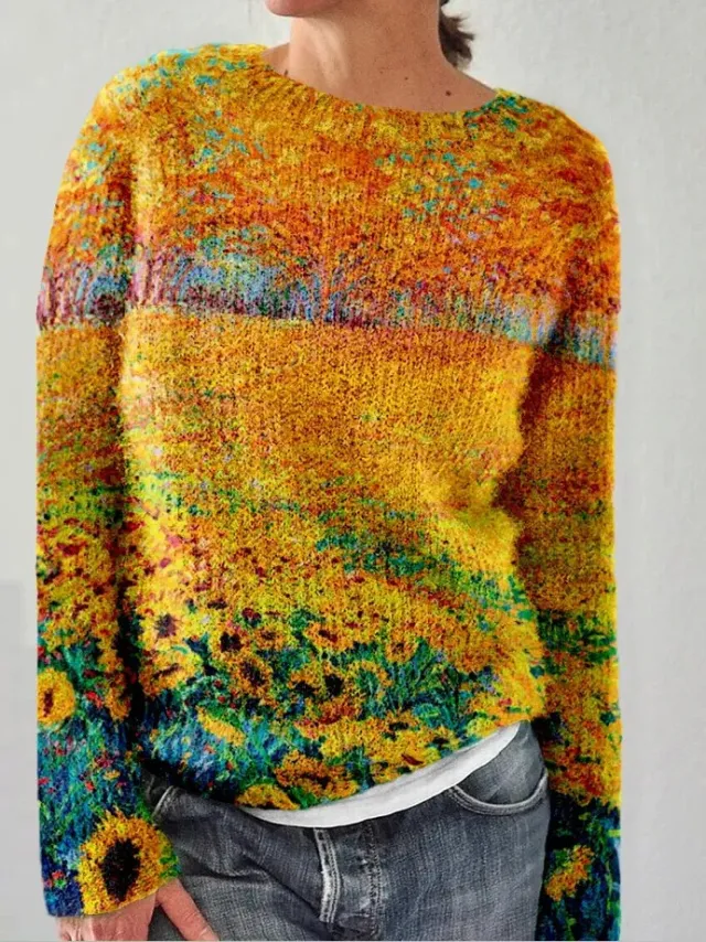 Women's Round Neck Multicolor Loose Fashion Pullover Sweater Sunflower - Shop at LoveMi