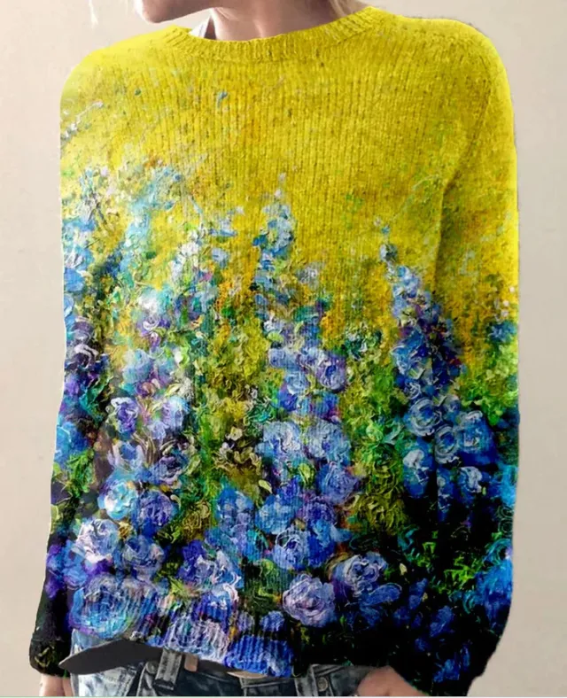 Women's Round Neck Multicolor Loose Fashion Pullover Sweater Yellow - Shop at LoveMi