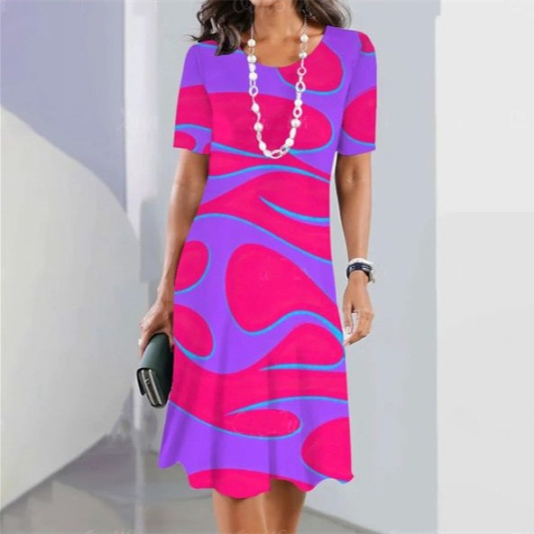 European And American New Lady's Flower 3D Digital Printing Fashion Skirt Women's Autumn Leisure Daily Short Sleeve Dress