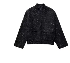 New Autumn Women's Clothing Pocket Trim Short Coat Beaded Decorative Coat - Black - View 1