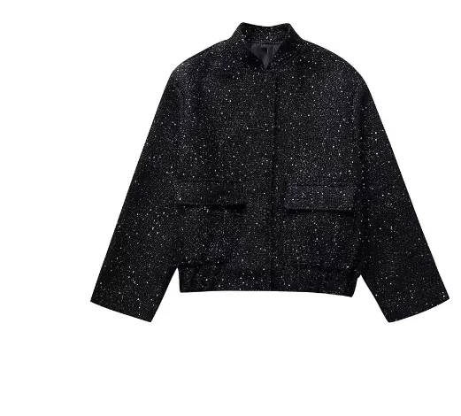 New Autumn Women's Clothing Pocket Trim Short Coat Beaded Decorative Coat Black - Shop at LoveMi