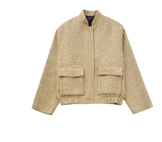 New Autumn Women's Clothing Pocket Trim Short Coat Beaded Decorative Coat - Gold