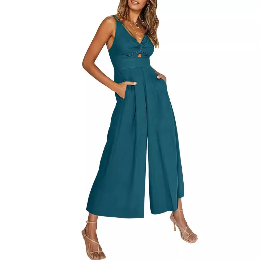 Summer V-neck Brace Hollow Out Pleating High Waist Wide Leg Pocket Women's Jumpsuit - Lake Blue