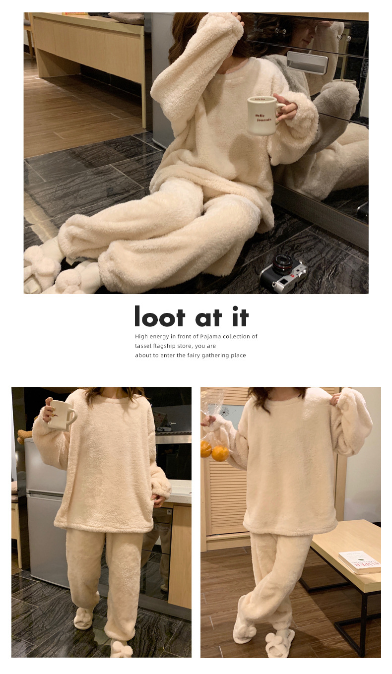 طقم بيجاما نسائي دافئ بسميك الفلانيل