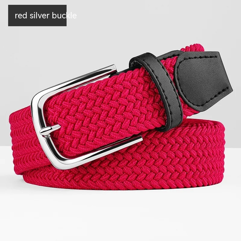 Woven Leather Belt Men's Pant Women's Jeans - Red Silver Buckle